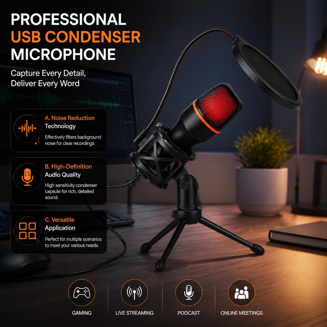 Pc Gaming Youtuber - Professional Condenser Microphone Kit with Tripod